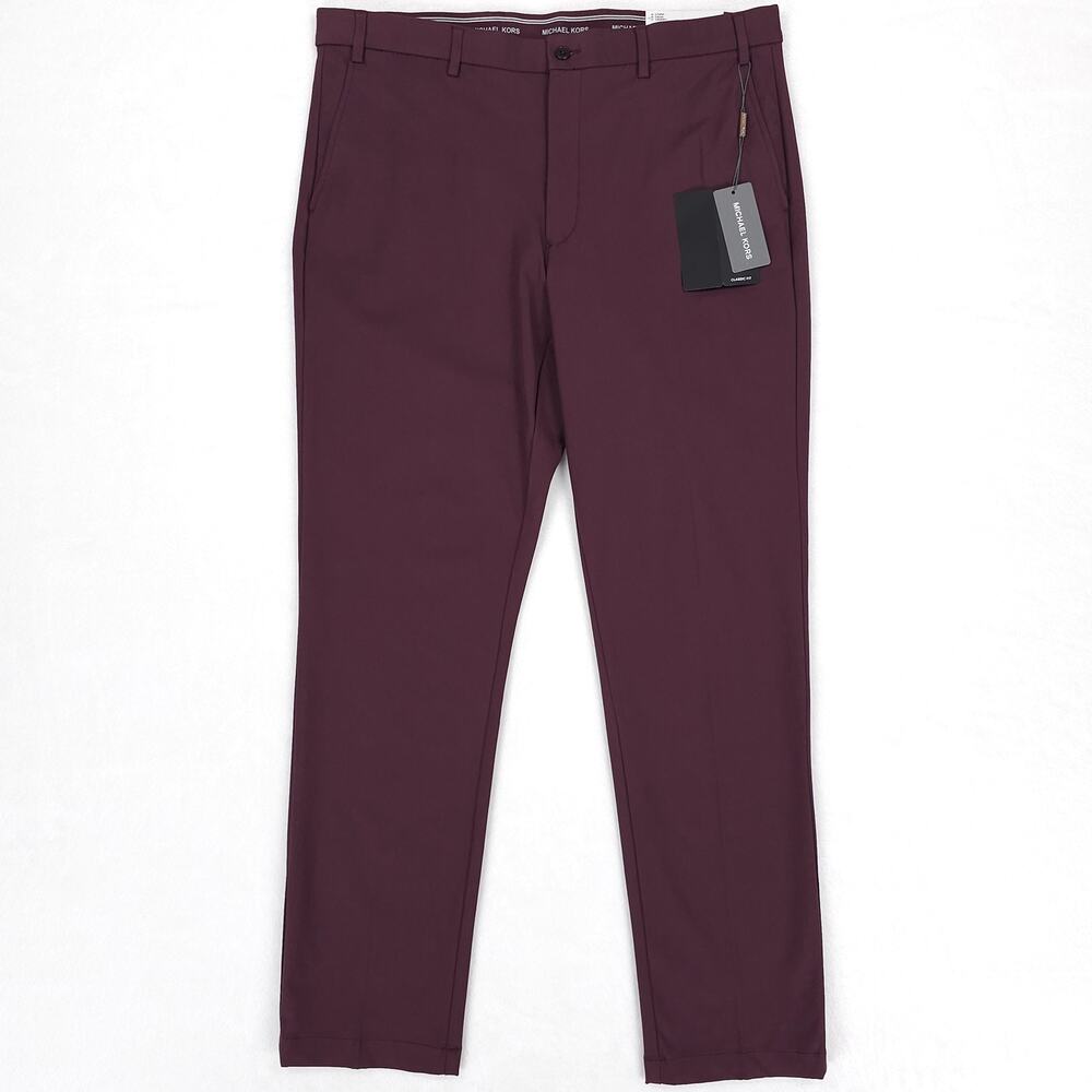 Michael Kors Mens Classic Fit Dress Pants 36x32 Berry Red Solid Stretch Cotton